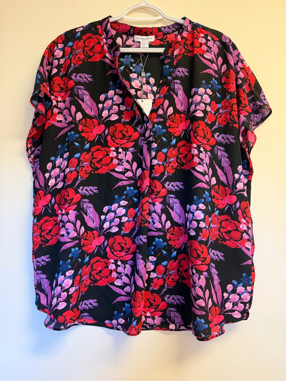 Carolina Belle Black Blouse with Red, Purple & Blue Floral Print XL
